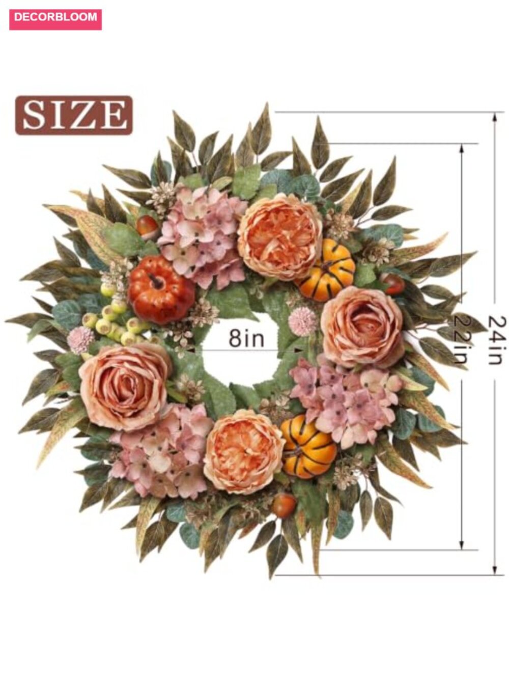 Artificial Hydrangea Pumpkin Fall Wreath for Front Door Decor - Picture 2 of 6
